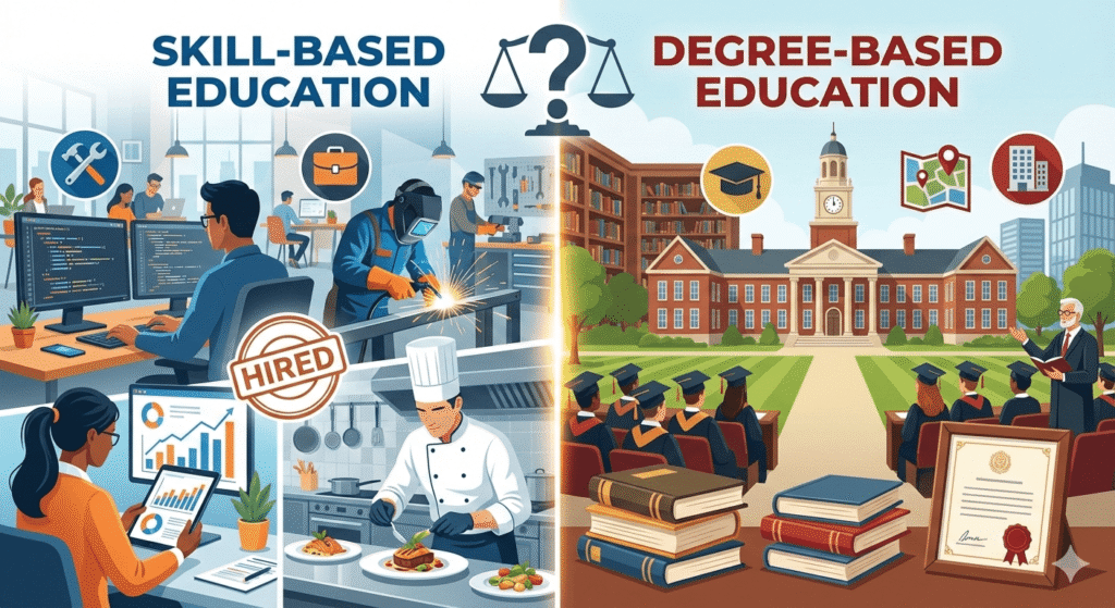 A split-screen graphic comparing competency based education (skill-based) with a traditional university degree system. The left side highlights practical career paths like coding and culinary arts with a "HIRED" stamp, while the right side shows a graduation ceremony and academic diplomas.