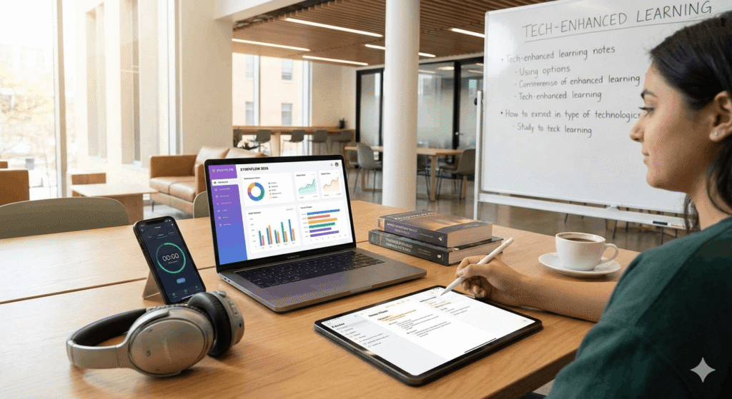 A student uses a laptop, tablet, and smartphone to study in a modern workspace, demonstrating how to use the best apps for studying in 2026.